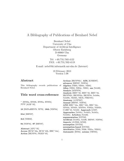 A Bibliography of Publications of Bernhard Nebel