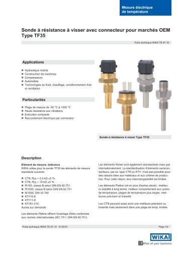 Sonde à résistance à visser avec connecteur pour marchés OEM ...