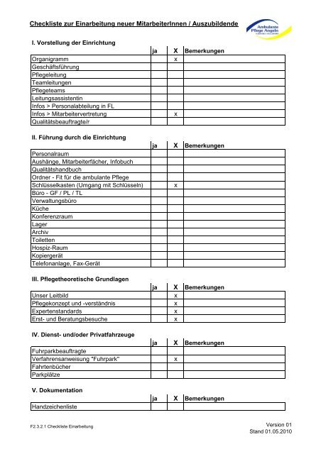 F2 3 2 1 Checkliste Einarbeitung Ambulante Pflege Angeln