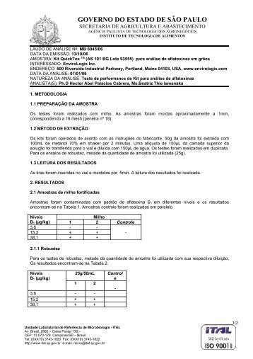 Relatório de Ensaio - EnviroLogix