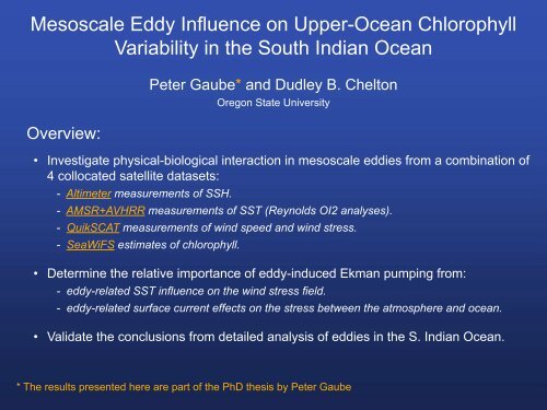 Mesoscale Eddy Influence on Upper.Ocean Chlorophyll Variability ...