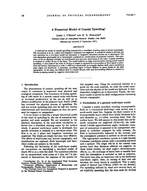 A numerical model of coastal upwelling. - Center for Ocean ...