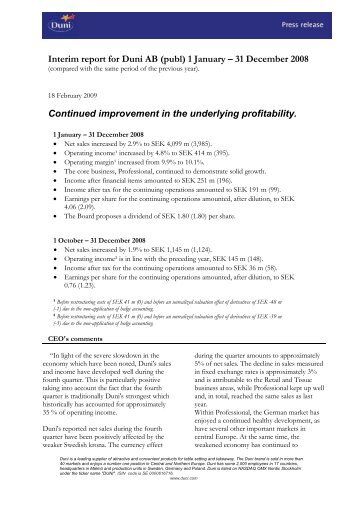 Interim report for Duni AB (publ) 1 January – 31 December 2008 ...