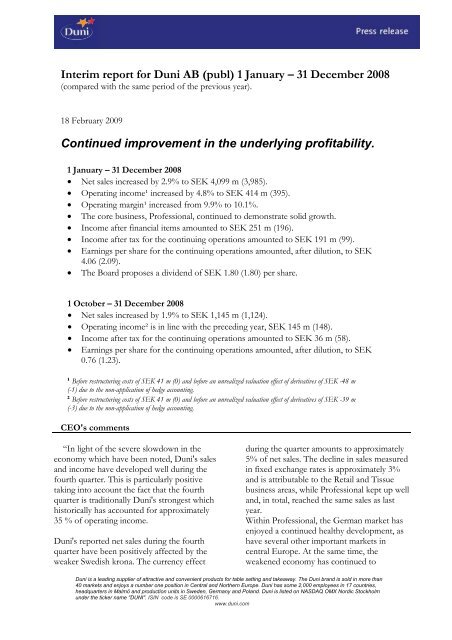 Interim report for Duni AB (publ) 1 January – 31 December 2008 ...