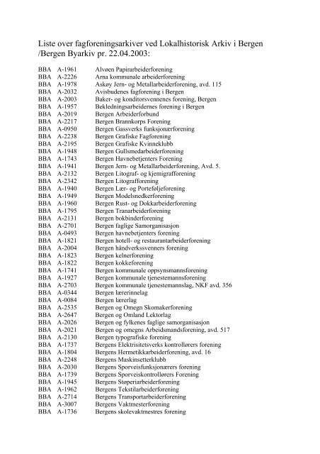 Liste over fagforeningsarkiver ved Lokalhistorisk Arkiv i Bergen ...