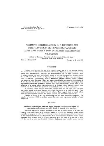 Nestmate discrimination in a ponerine ant - Ecologie & Evolution