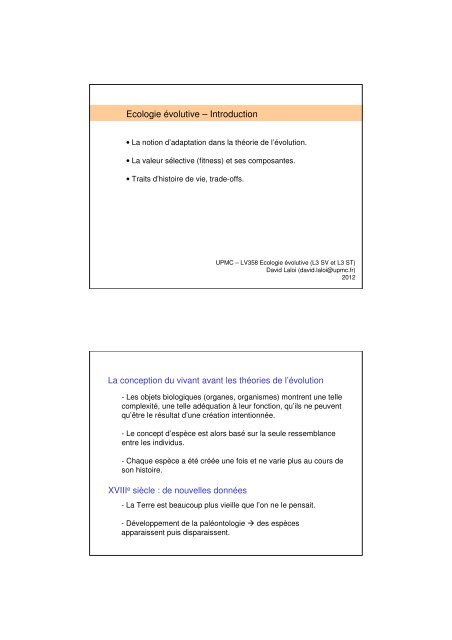 Ecologie évolutive – Introduction La conception du vivant avant les ...