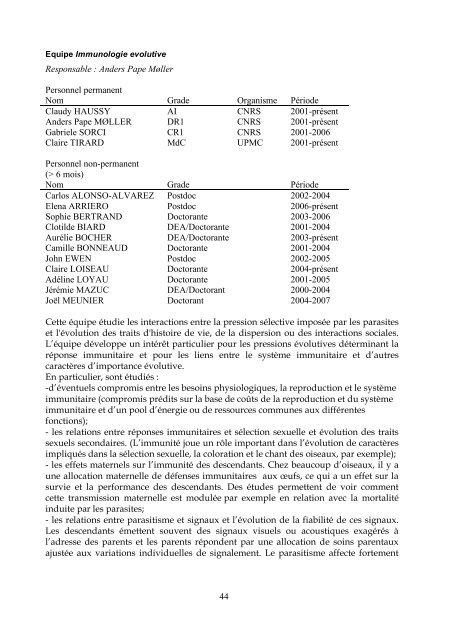 Rapport Scientifique UMR 7625 - Ecologie & Evolution - Université ...