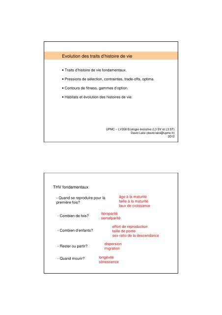 Evolution des traits d'histoire de vie - Ecologie & Evolution