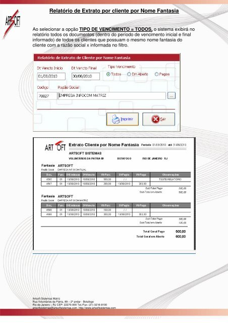 Relatório de Extrato por cliente por Nome Fantasia - Portal - Artsoft ...