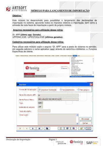 módulo para lançamento de importação - Portal - Artsoft Sistemas