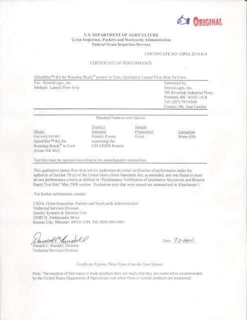 USDA/GIPSA Certificate of Performance - EnviroLogix