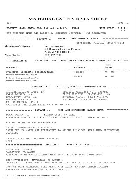 See MSDS sheet - EnviroLogix