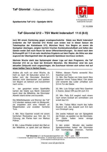 TaF Glonntal U12 – TSV Markt Indersdorf 11:0 (6:0) - Archiv - TaF ...