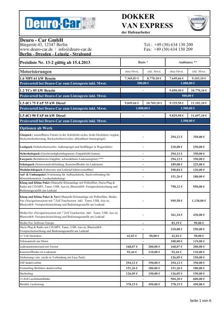 Preisliste Dacia Dokker Van Express Deuro Car Gmbh