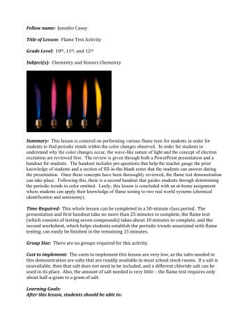 Fellow name: Jennifer Casey Title of Lesson: Flame Test Activity ...