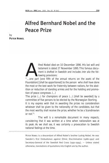 Alfred Bernhard Nobel and the Peace Prize, Alfred Bernhard ... - ICRC