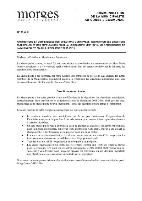 COMMUNICATION DE LA MUNICIPALITE AU CONSEIL COMMUNAL