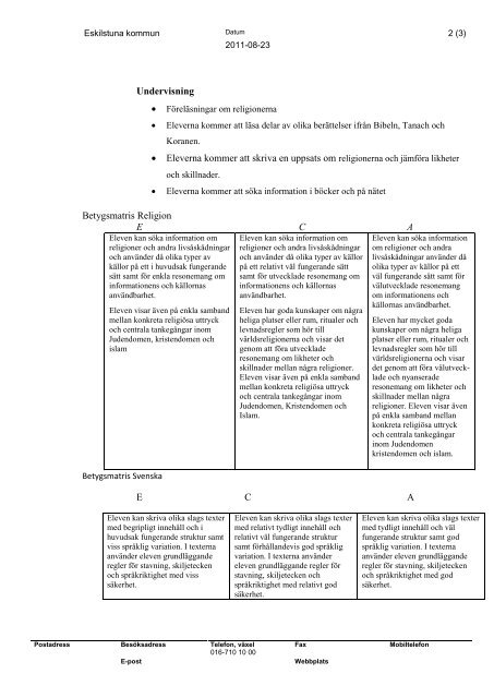 Religion med bedömningsmatris - Eskilstuna kommun