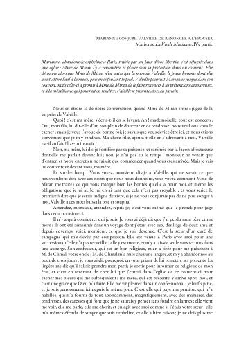 Marivaux, La Vie de Marianne, IVe partie, Marianne demande à ...