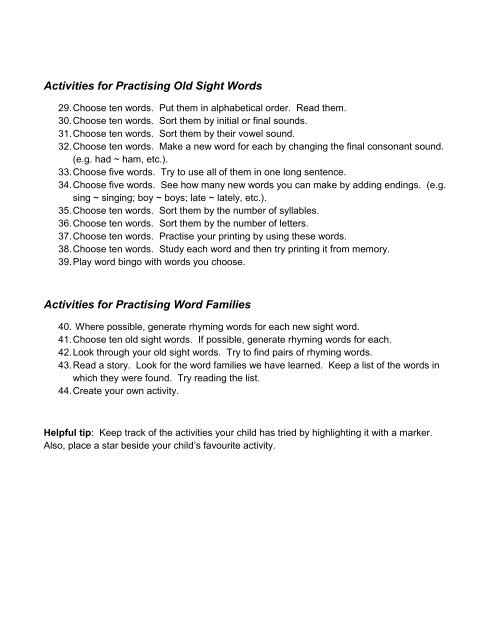 Sight Word Activities Pdf
