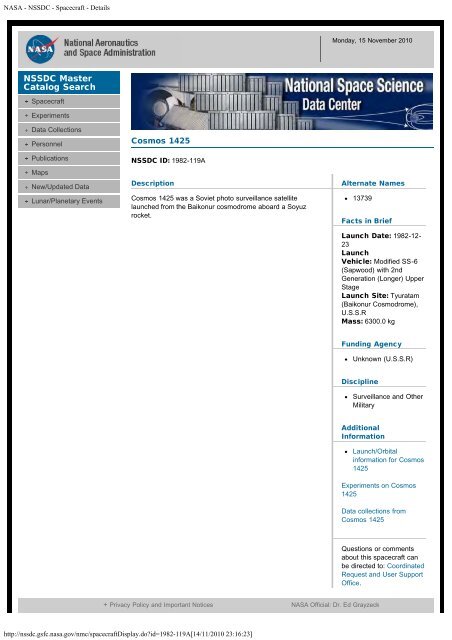 NASA - NSSDC - Master Catalog - Spacecraft Query