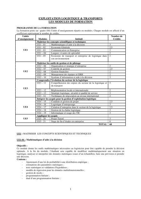 1 exploitation logistique & transports les modules de formation