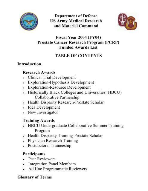 Prostate Cancer Research Program Department of Defense Prostate Cancer Research Program 2004 ...