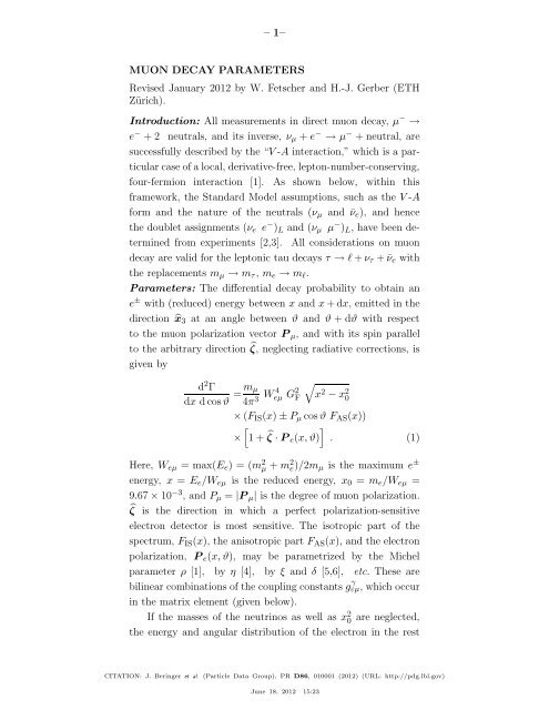 Muon Decay Parameters - Particle Data Group