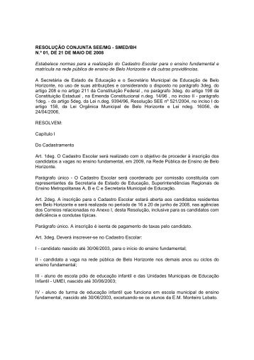 RESOLUÇÃO CONJUNTA SEE/MG - SMED/BH N.º 01, DE 21 DE ...