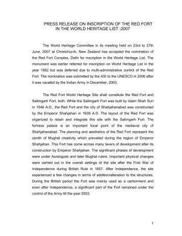press release on inscription of the red fort in the world heritage list