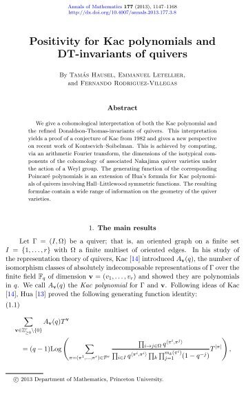 Positivity for Kac polynomials and DT-invariants of ... - GEOM - EPFL