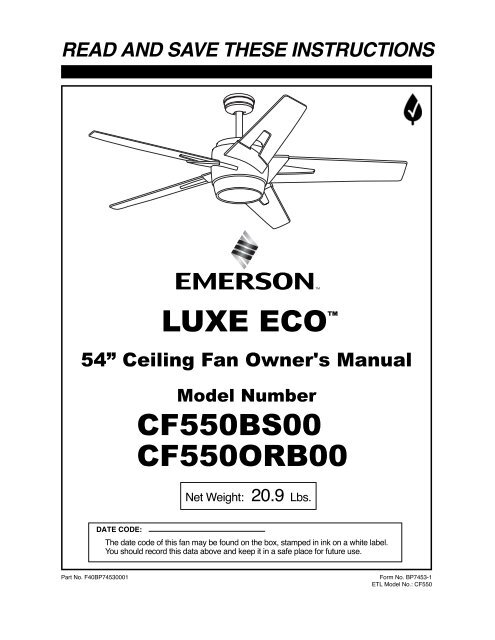 BP7453-1 Luxe Eco Ceiling Fan - Emerson Fans