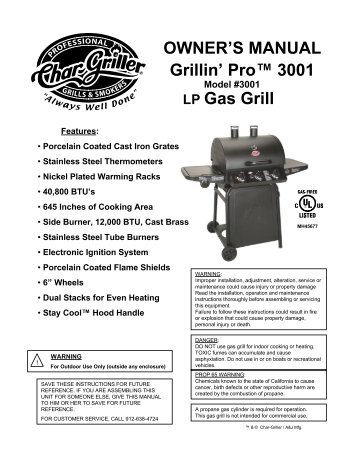 OWNER'S MANUAL LP Gas Grill Grillin' Pro™ 3001 - FTP Directory ...