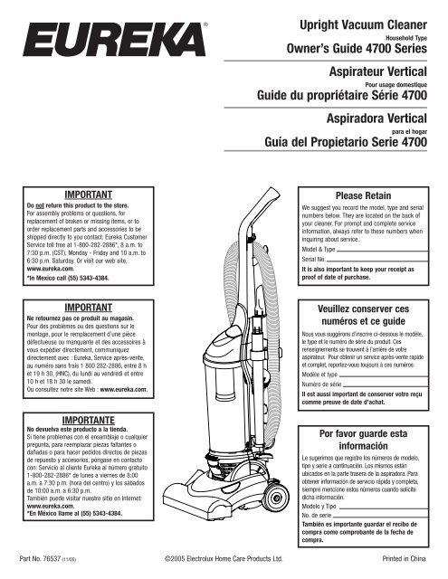 2011 Eureka 4700 Series Upright Canister Vacuum Cleaner Owners Guide