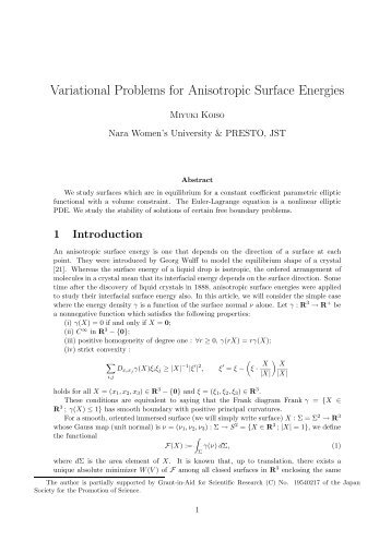 Variational Problems for Anisotropic Surface Energies