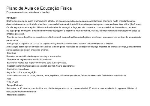 Plano de aula Educação Física - Brincadeiras e jogos populares do