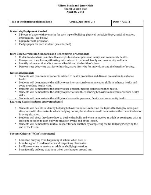 Allison Staak and Jenny Meis Health Lesson Plan ... - Employment