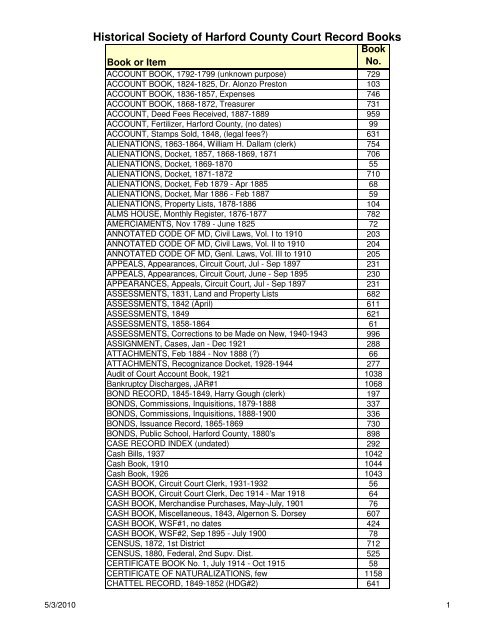 Court Books 5-2010 - THE HISTORICAL SOCIETY OF HARFORD ...