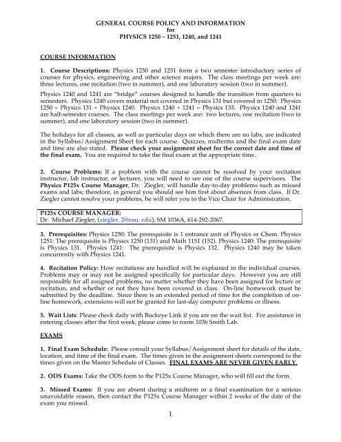 General Course Policy And Information Department Of Physics