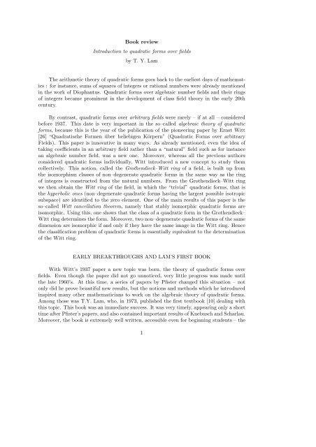 Book review Introduction to quadratic forms over ... - CSAG - EPFL