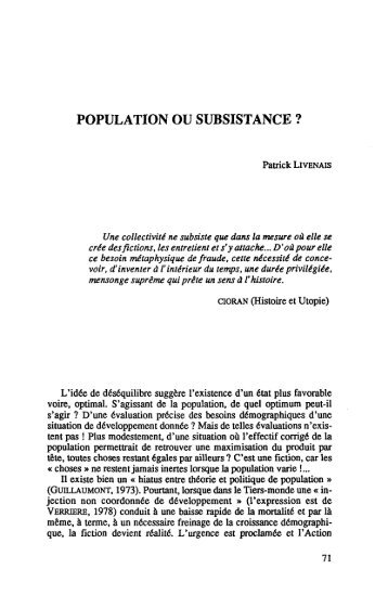 Population ou subsistance - IRD