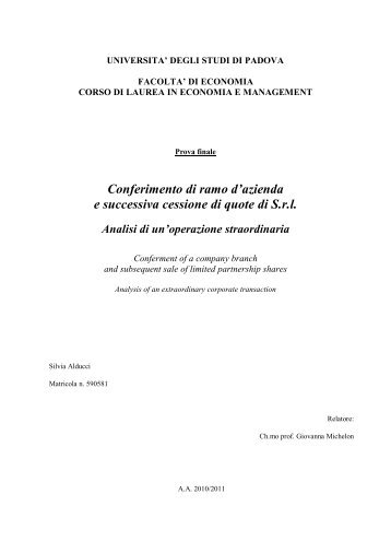 Conferimento di ramo d'azienda e successiva cessione di quote di ...