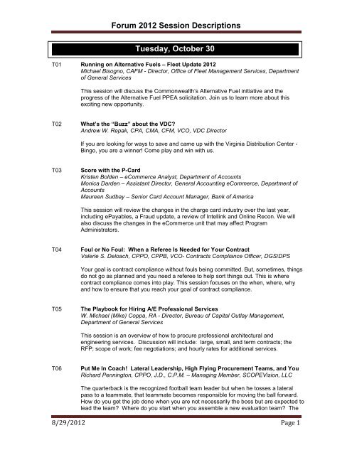 Forum 2012 Session Descriptions - Division of Purchases and Supply