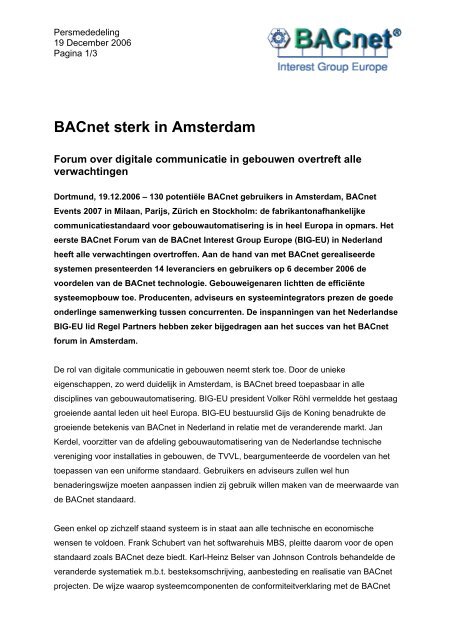 BACnet sterk in Amsterdam - BIG-EU