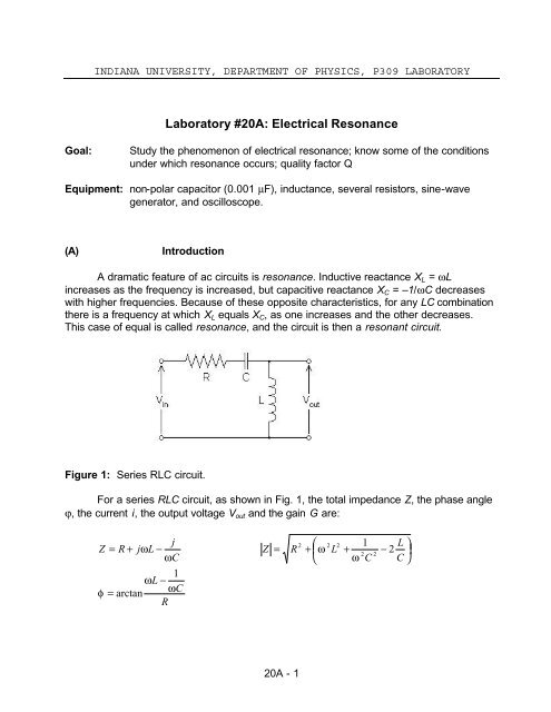 Electrical Resonance Department Of Physics Indiana University