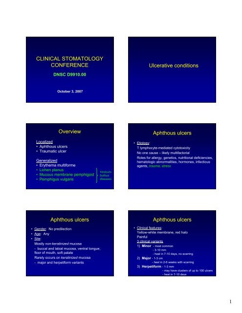 CLINICAL STOMATOLOGY CONFERENCE Ulcerative conditions ...