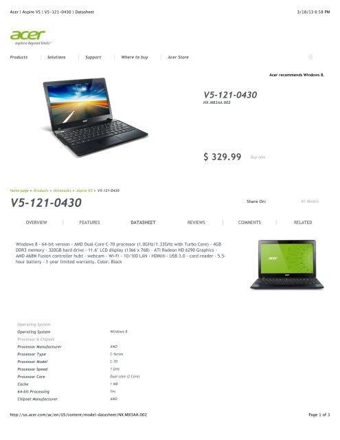 Acer | Aspire V5 | V5-121-0430 | Datasheet - Walmart