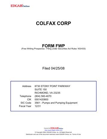 colfax corp form fwp - Corporate Solutions