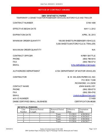 notice of contract award dmv synthetic paper - Division of Purchases ...